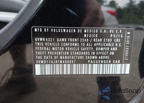 2015 Volkswagen Jetta 1.8T Sport z USA, uszkodzony, nr VIN 3VWD17AJ8FM406867